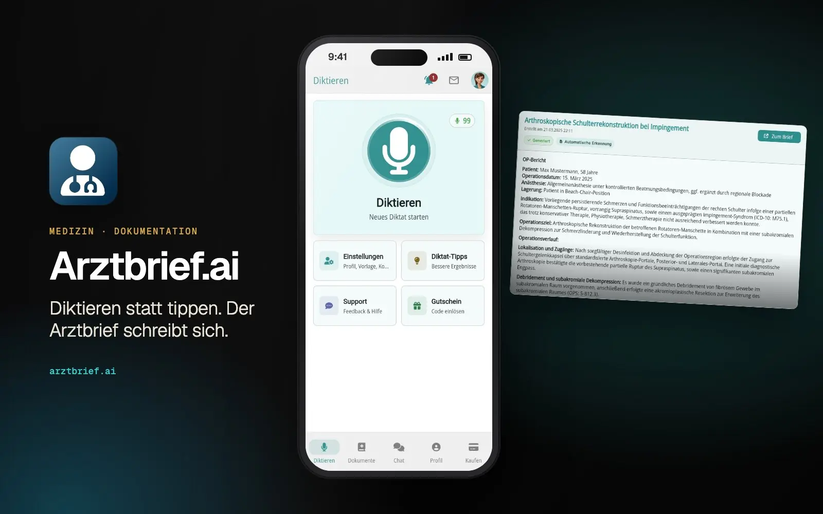 Arztbrief.ai: Ansicht der Anwendung