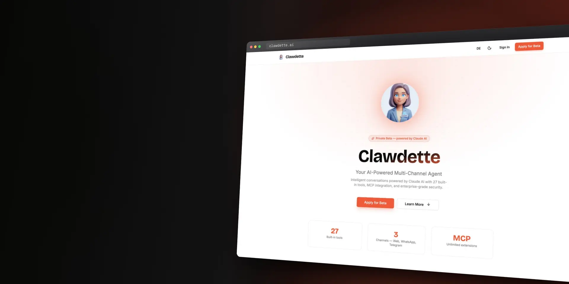 Clawdette.ai: Ansicht der Anwendung