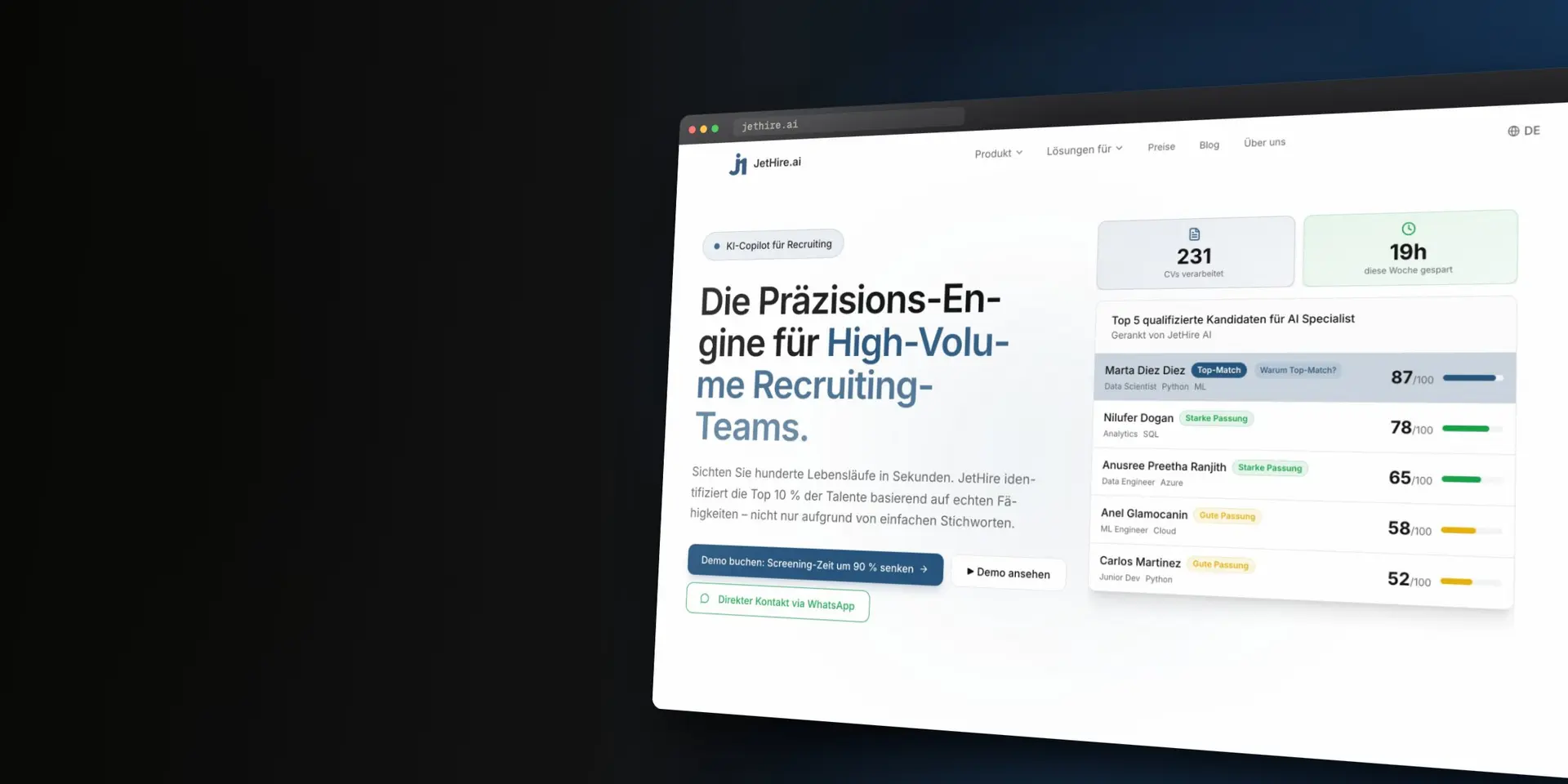 JetHire.ai: Ansicht der Anwendung
