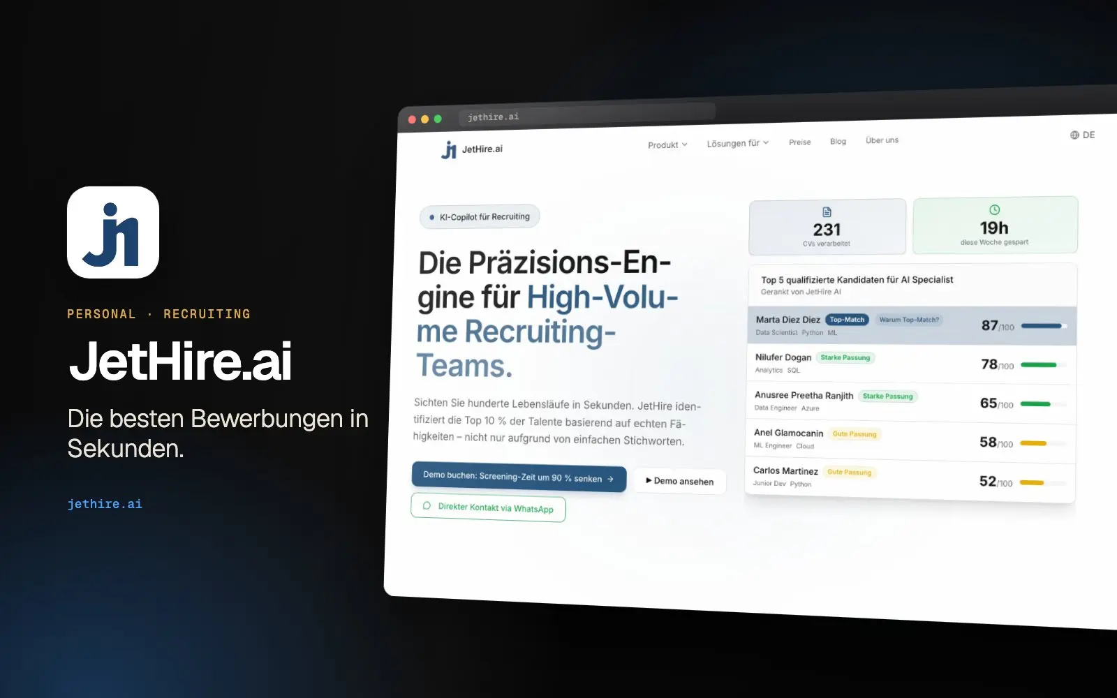 JetHire.ai: Ansicht der Anwendung