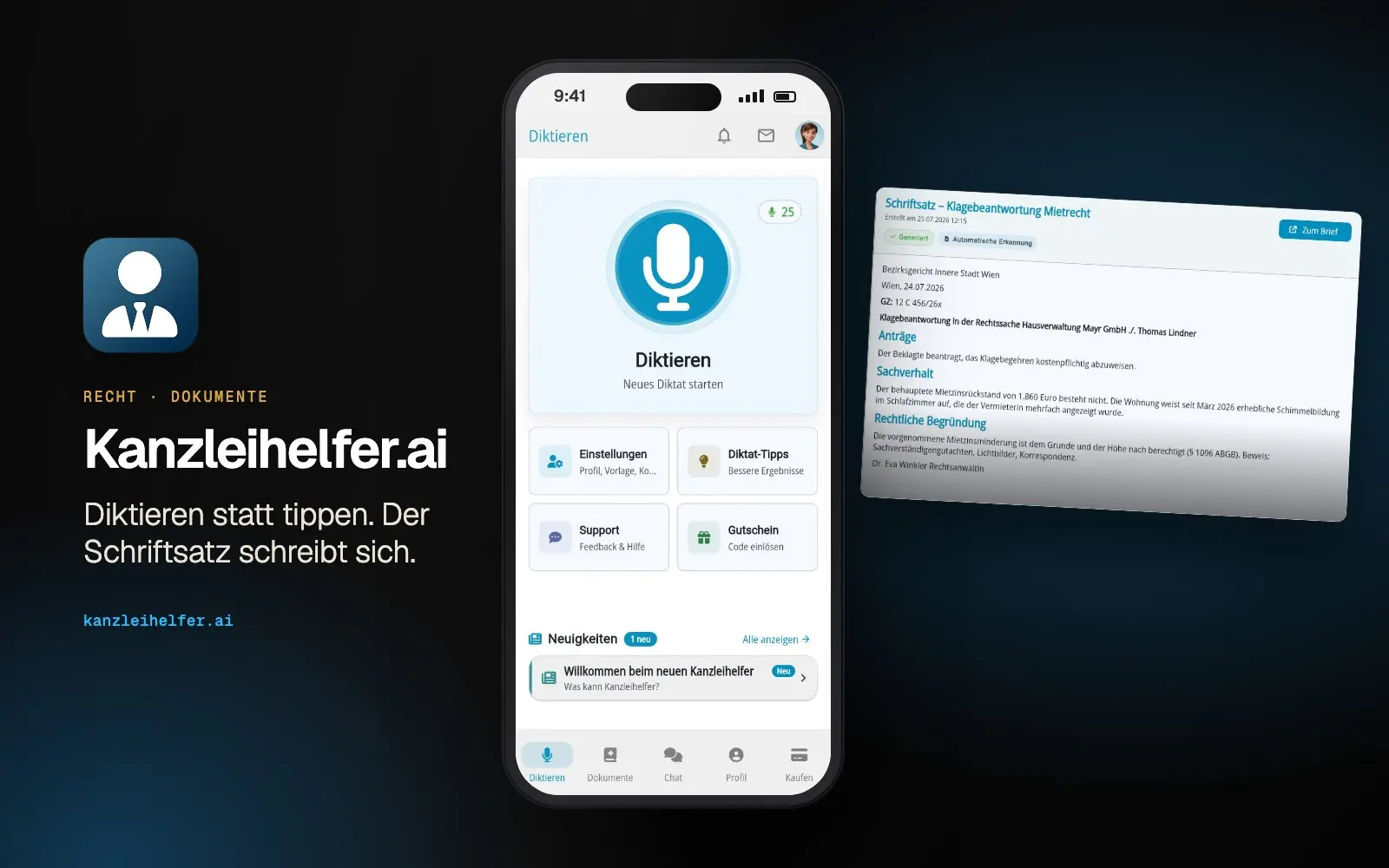 Kanzleihelfer.ai: Ansicht der Anwendung