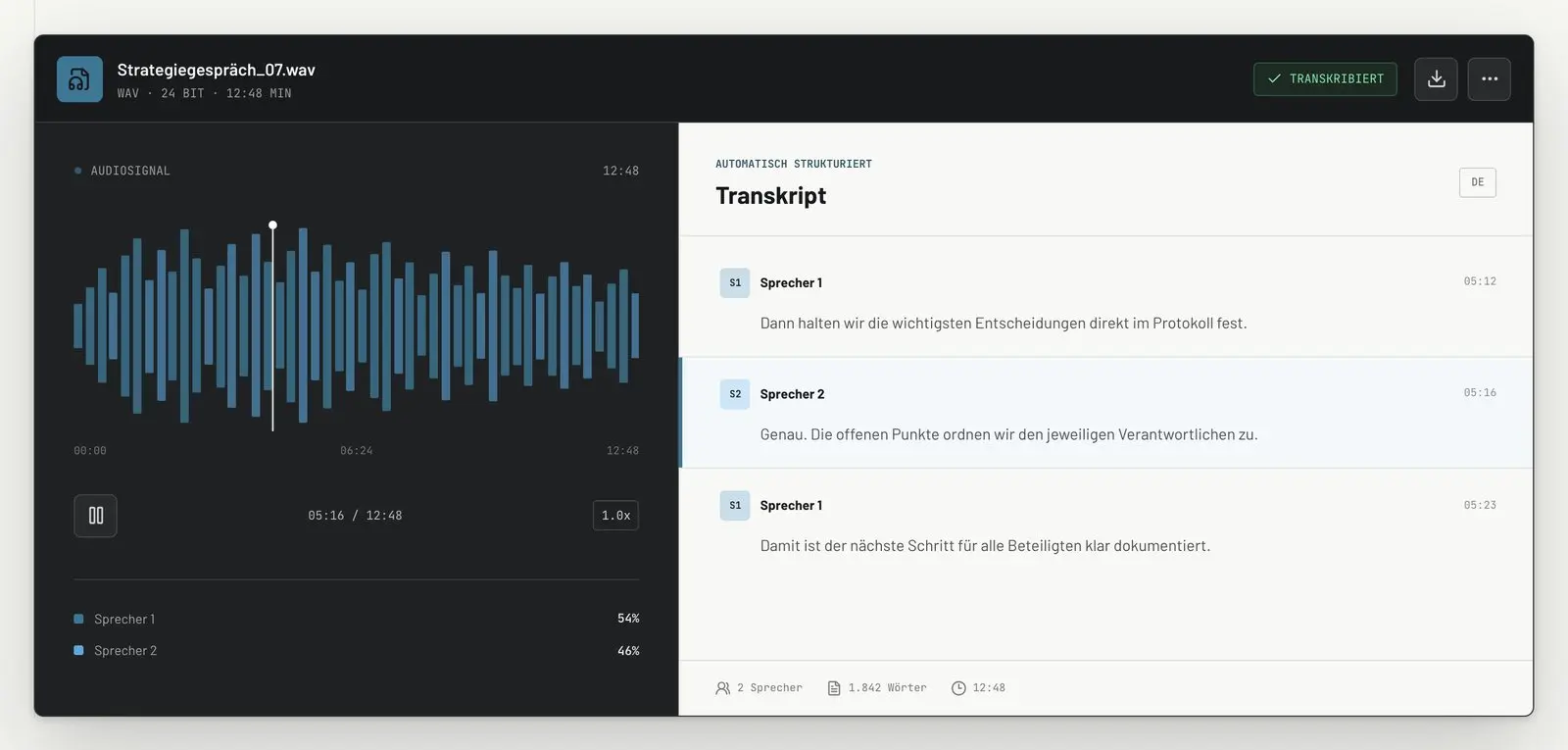 VoxScribe: Transkript mit Audiosignal, Sprechertrennung und Zeitstempeln