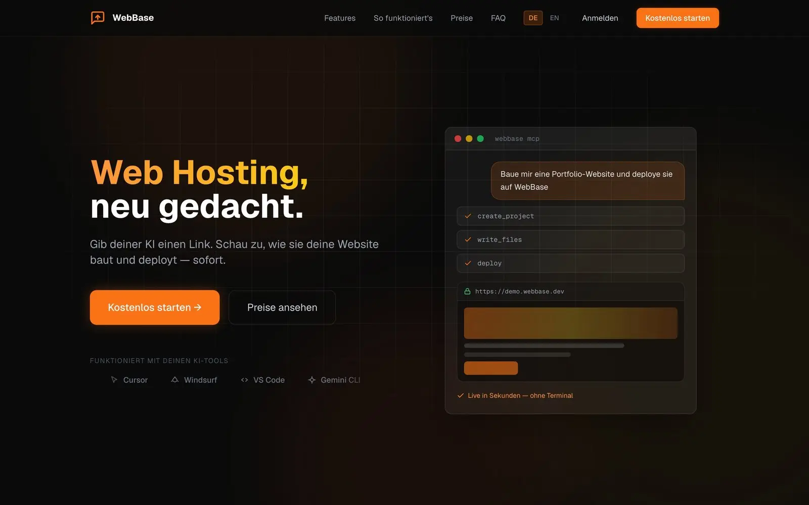 WebBase.dev: Die KI legt per MCP ein Projekt an, schreibt die Dateien und veröffentlicht